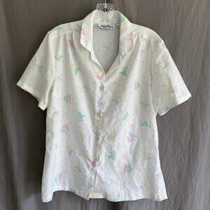 Vintage Lucky Winner Pastel Geometric Button Up Shirt Made in USA Women Size M/L